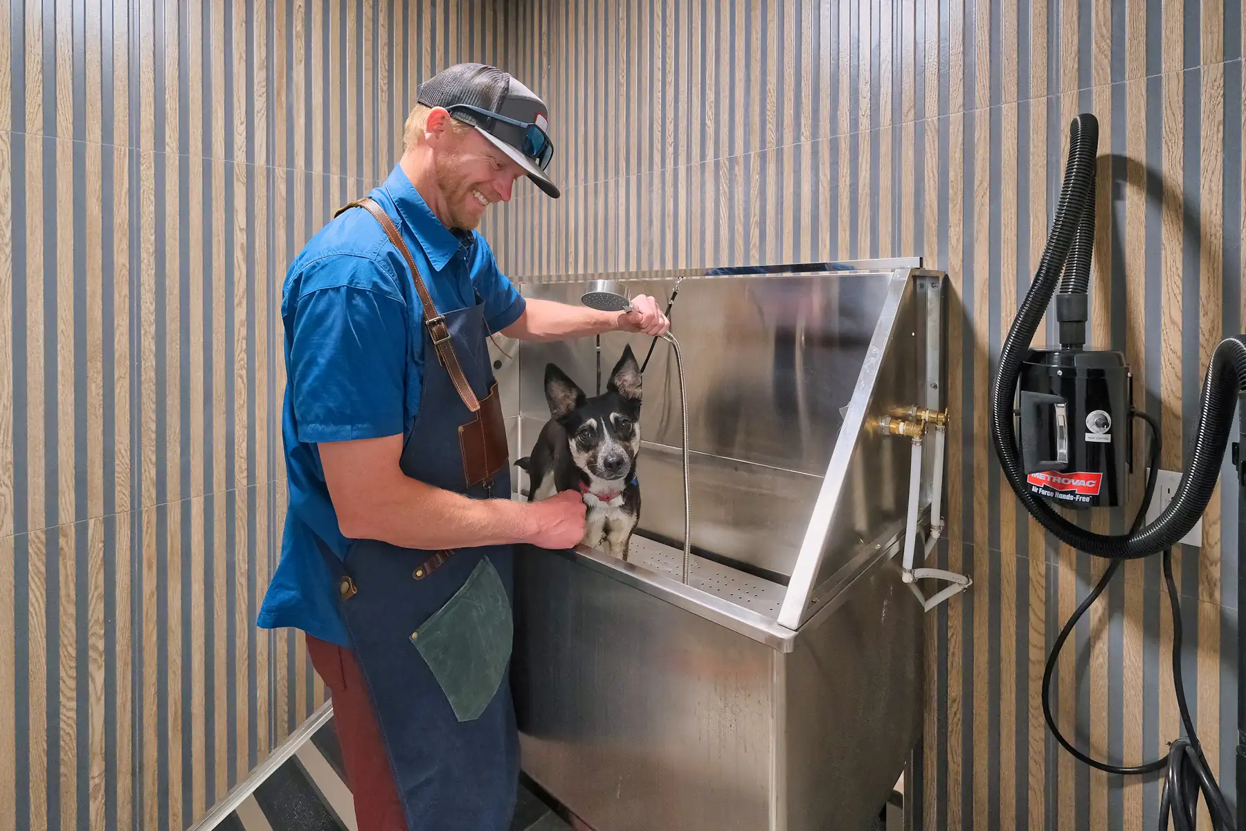 man washing dog in indoor pet spa