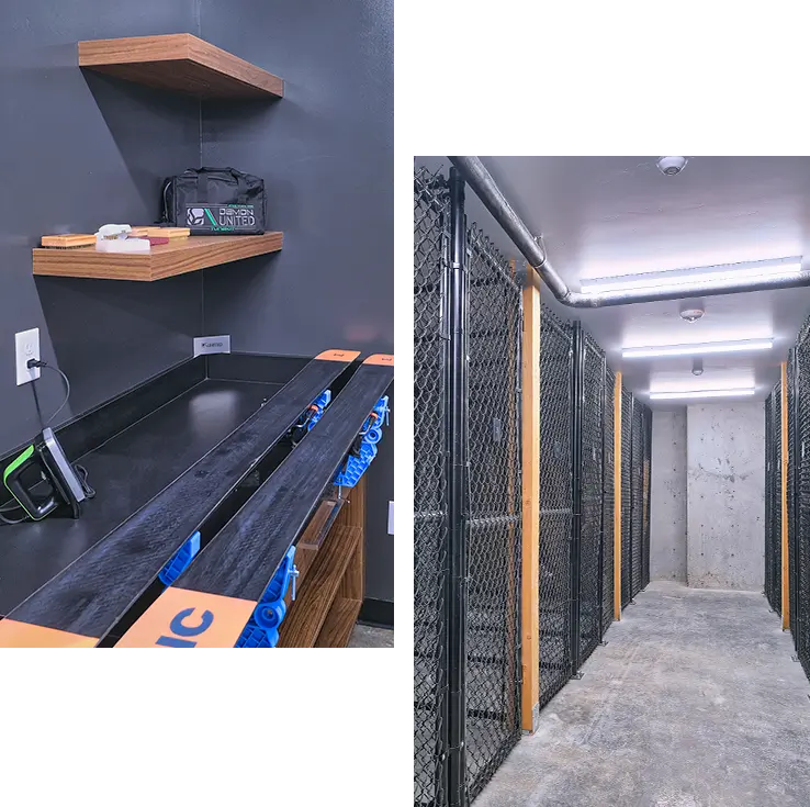 ski tuning shop and storage cages